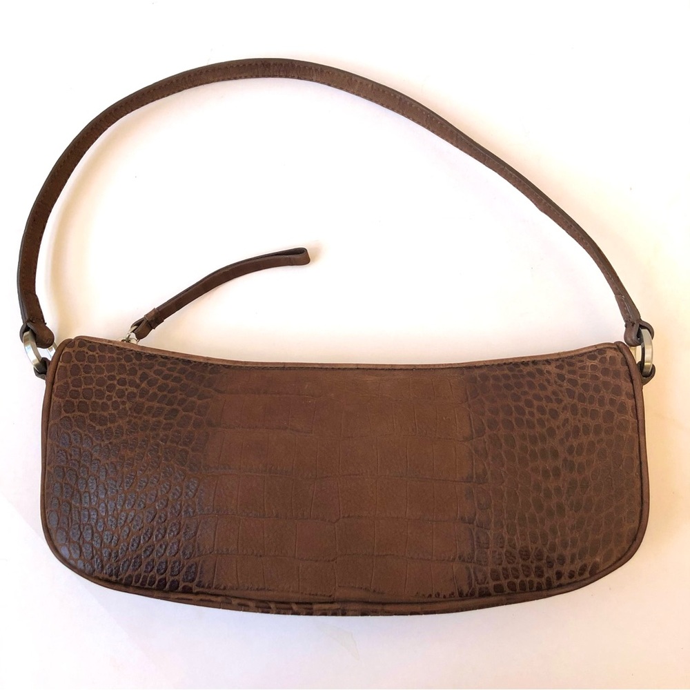 Ann Taylor Brown Crocodile-Acid Washed Embossed Leather Shoulder Bag